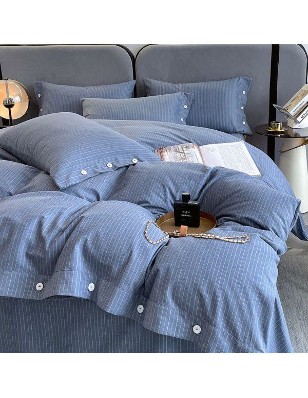 Good thick brushed 4-piece set of all cotton pure cotton simple stripes in autumn and winter