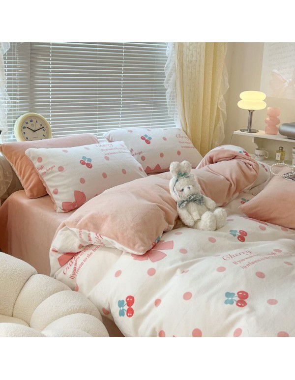 Ins fresh tulip milk velvet four piece set floral coral velvet bed sheet winter thickened quilt cover warm bed