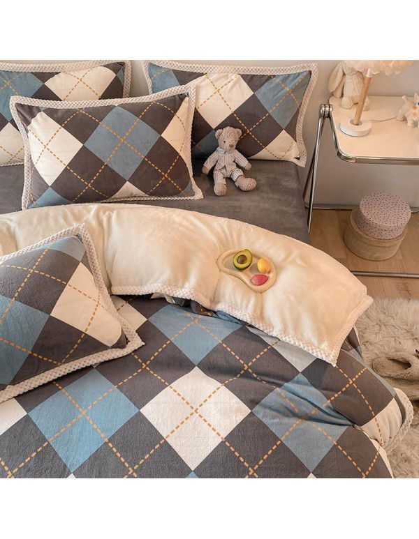 Ins Winter Milk Wool 4-Piece Rabbit Wool Quilt Cover Sheet Pastoral Warm Upset Double Sided Wool Bedding 4