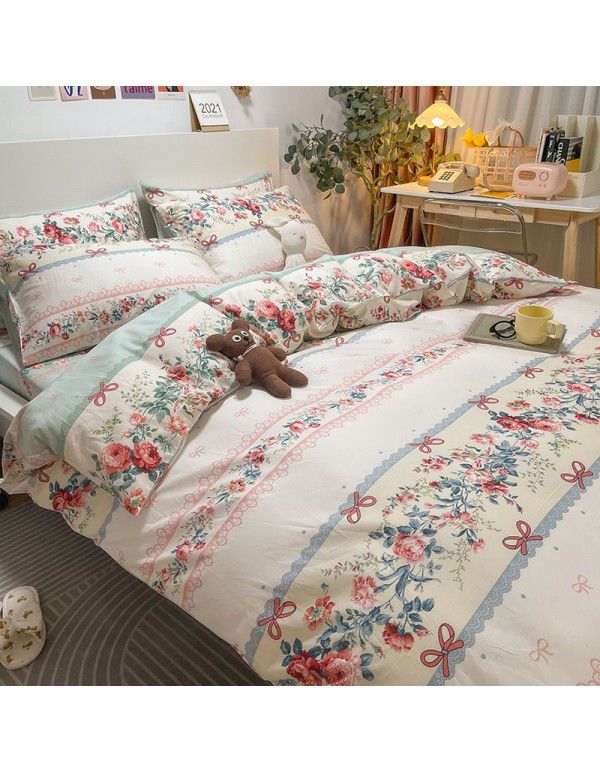 Four piece set in bed, all cotton Nordic style four piece set, 100 cotton spring and autumn bed sheet, fitted sheet, single dormitory set