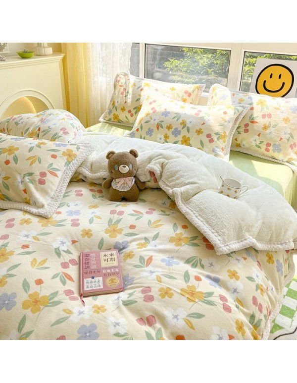 Ins Winter Milk Wool 4-Piece Rabbit Wool Quilt Cover Sheet Pastoral Warm Upset Double Sided Wool Bedding 4