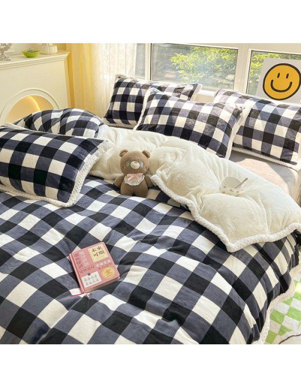 Ins Winter Milk Wool 4-Piece Rabbit Wool Quilt Cover Sheet Pastoral Warm Upset Double Sided Wool Bedding 4