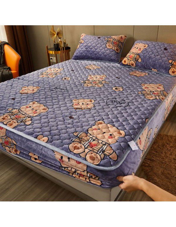New Milk Down Fitted Sheet One Piece Winter Flange Coral Down Thickened Cotton Fitted Sheet Stuffed Anti slip Protection Mattress