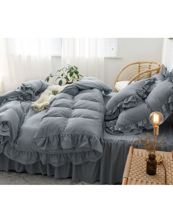 Ins girl's heart wash cotton bed skirt four piece princess style bed sheet quilt cover three piece 1.5/1.8m bed 