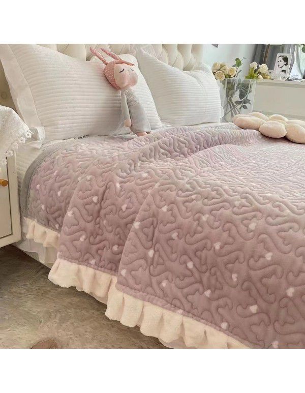 Autumn and winter thickened milk velvet bed cover three piece quilted cotton crystal velvet blanket lace warm blanket sub sheet