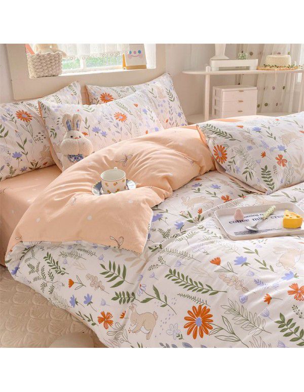 Mengjiuran 60 Thread Count Small Fresh Cotton 4-Piece Set Autumn and Winter Cotton 3-Piece Dormitory Flat Sheet Quilt Cover Fitted Sheet