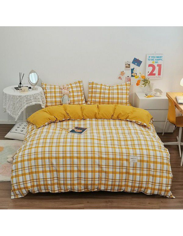Japanese non printing washing cotton buffing bed four piece set student dormitory bed sheet quilt cover three piece fitted sheet wholesale