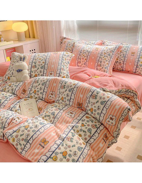 Autumn and winter thickened milk velvet bed four piece set, double-sided plush warm coral velvet bed sheet and quilt cover, three piece set wholesale