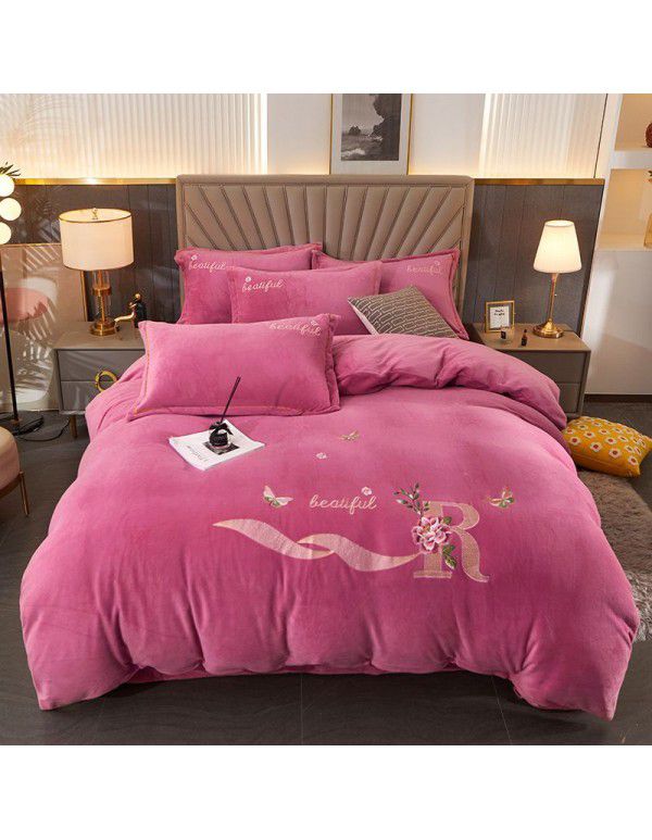 Autumn and winter thickened milk velvet four piece set, flower embroidery flannel quilt cover, bed sheet, bedding set, wholesale