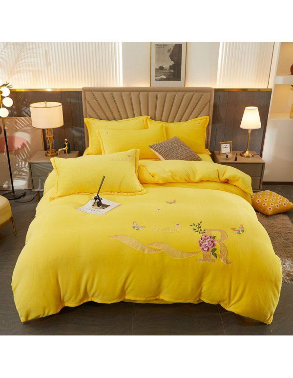 Autumn and winter thickened milk velvet four piece set, flower embroidery flannel quilt cover, bed sheet, bedding set, wholesale