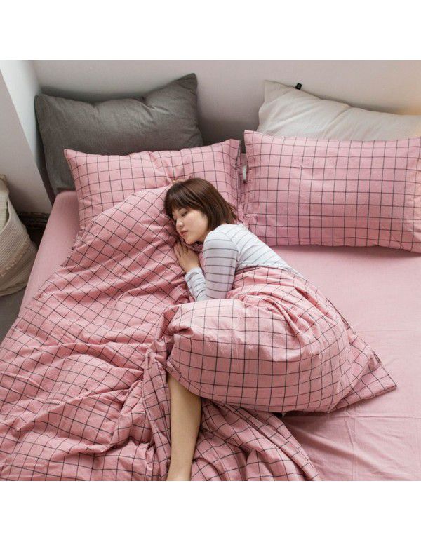 All cotton washed cotton four piece set simple cotton checked quilt cover bedspread sets supplied directly by the manufacturer for wholesale