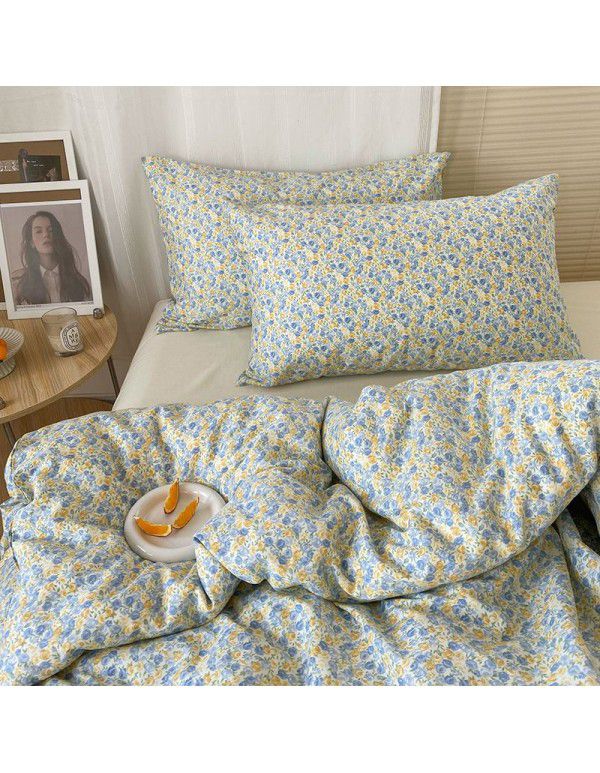Ins style pure cotton four piece set, all cotton cartoon small fresh bed sheet, fitted sheet, quilt cover, nude sleep, color contrast