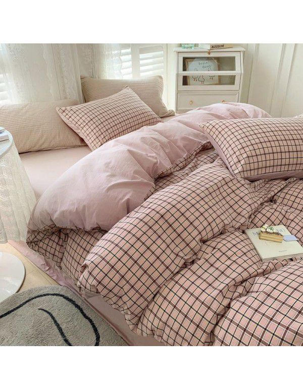 Cotton Yarn dyed Washed Cotton Four Piece Set Pure Cotton Printless Manufacturer Direct Sales Bedding, Quilt Cover, Japanese Style Good Fitted Sheet Wholesale