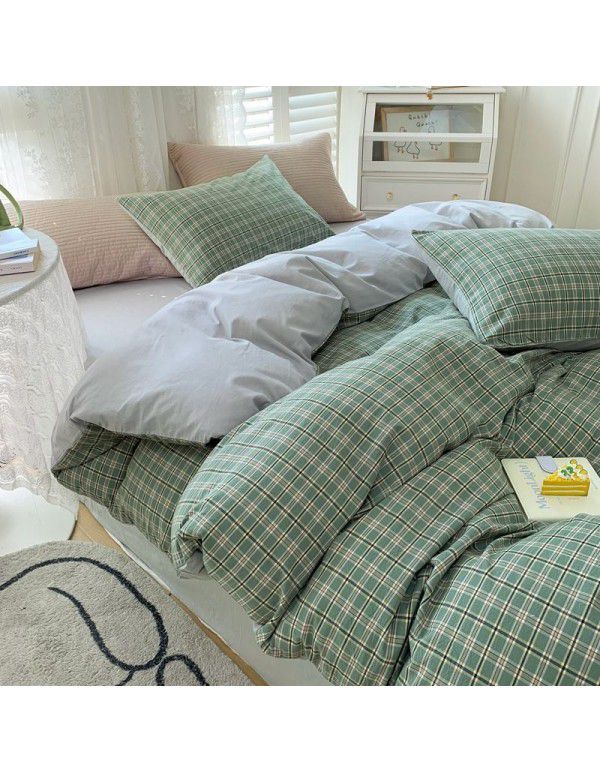 Cotton Yarn dyed Washed Cotton Four Piece Set Pure Cotton Printless Manufacturer Direct Sales Bedding, Quilt Cover, Japanese Style Good Fitted Sheet Wholesale