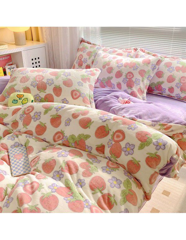 Autumn and winter thickened milk velvet bed four piece set, double-sided plush warm coral velvet bed sheet and quilt cover, three piece set wholesale
