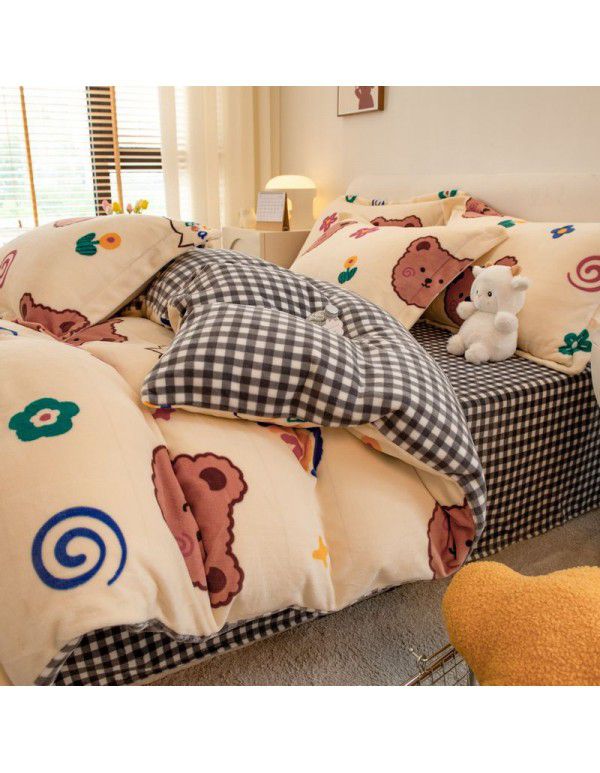 Winter four piece milk velvet thickened warm small fresh flannel quilt cover bedspread bedding live wholesale