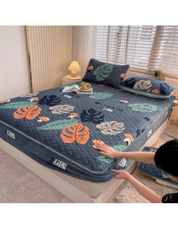 New Milk Down Fitted Sheet One Piece Winter Flange Coral Down Thickened Cotton Fitted Sheet Stuffed Anti slip Protection Mattress