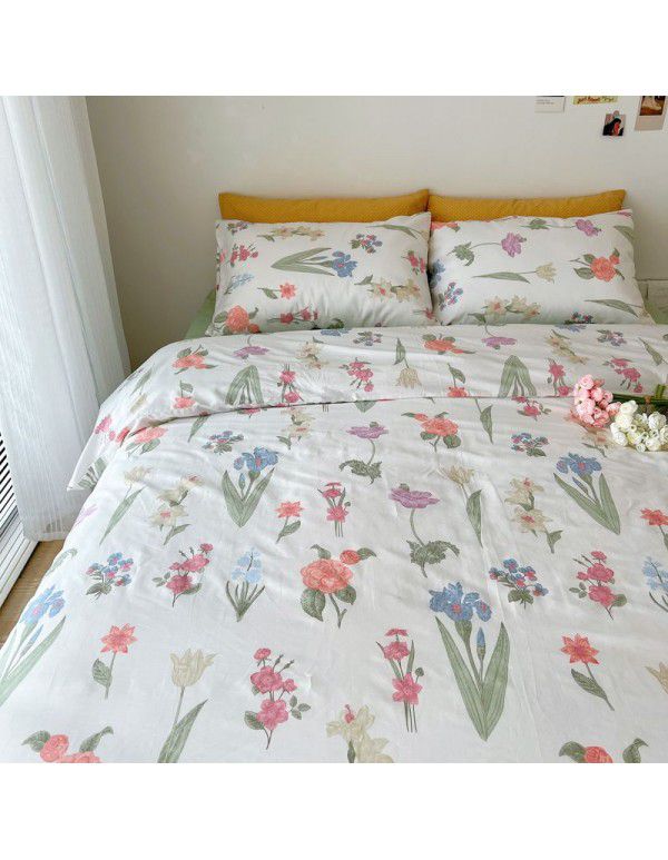 Nantong Xiaoqingxin Floral Four piece Set 100% Cotton Bedding Sheet and Quilt Cover Dormitory Three piece Nude Sleeping Set