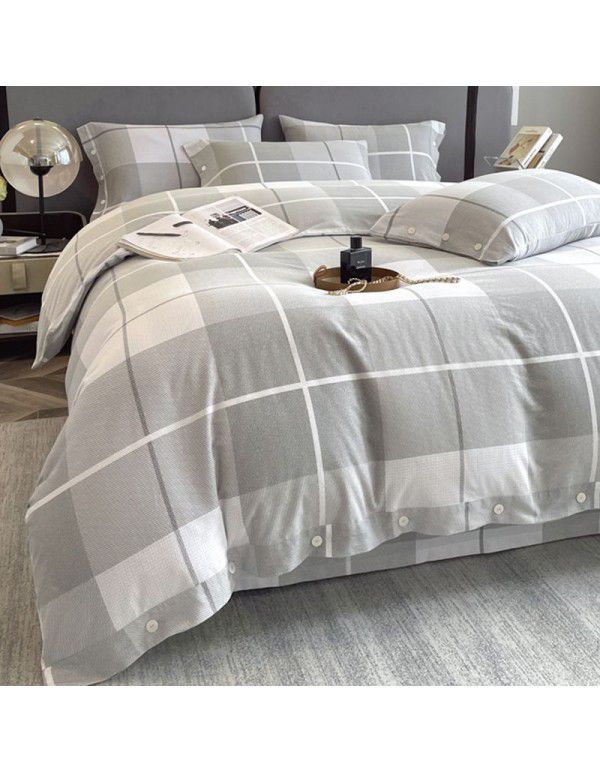 Good thick brushed 4-piece set of all cotton pure cotton simple stripes in autumn and winter