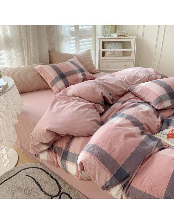 Cotton Yarn dyed Washed Cotton Four Piece Set Pure Cotton Printless Manufacturer Direct Sales Bedding, Quilt Cover, Japanese Style Good Fitted Sheet Wholesale