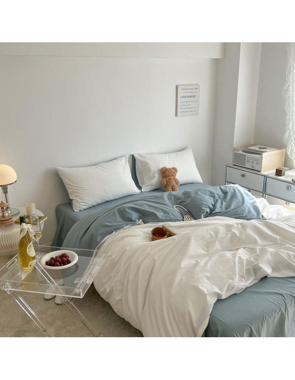 Japanese simple cotton double piece washable cotton four piece set solid color Nordic style cotton quilt cover bed sheet and fitted sheet