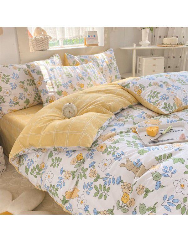 Mengjiuran 60 Thread Count Small Fresh Cotton 4-Piece Set Autumn and Winter Cotton 3-Piece Dormitory Flat Sheet Quilt Cover Fitted Sheet