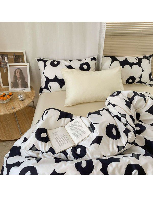 Ins style pure cotton four piece set, all cotton cartoon small fresh bed sheet, fitted sheet, quilt cover, nude sleep, color contrast