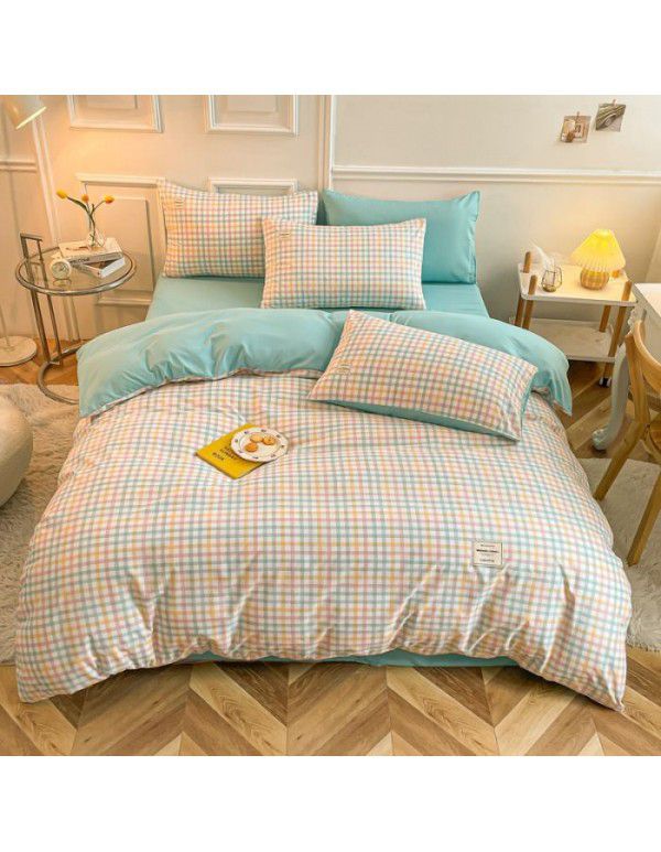 Japanese non printing washing cotton buffing bed four piece set student dormitory bed sheet quilt cover three piece fitted sheet wholesale