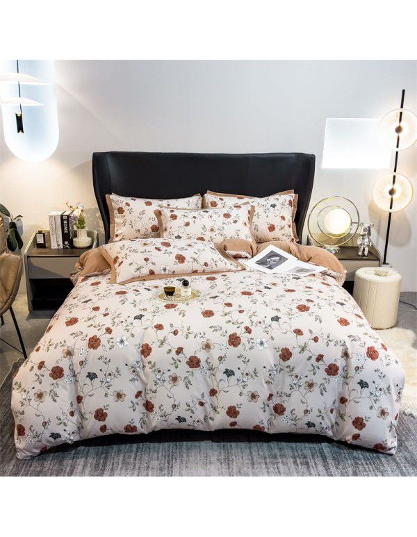 New Autumn and Winter Pure Class A Washed Cotton and Hemp 4-Piece Double Layer Yarn Cotton Small Fresh Quilt Cover Flat Sheet Live Broadcast Hot Sale