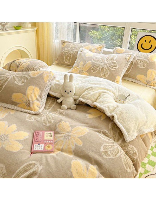 Ins Winter Milk Wool 4-Piece Rabbit Wool Quilt Cover Sheet Pastoral Warm Upset Double Sided Wool Bedding 4