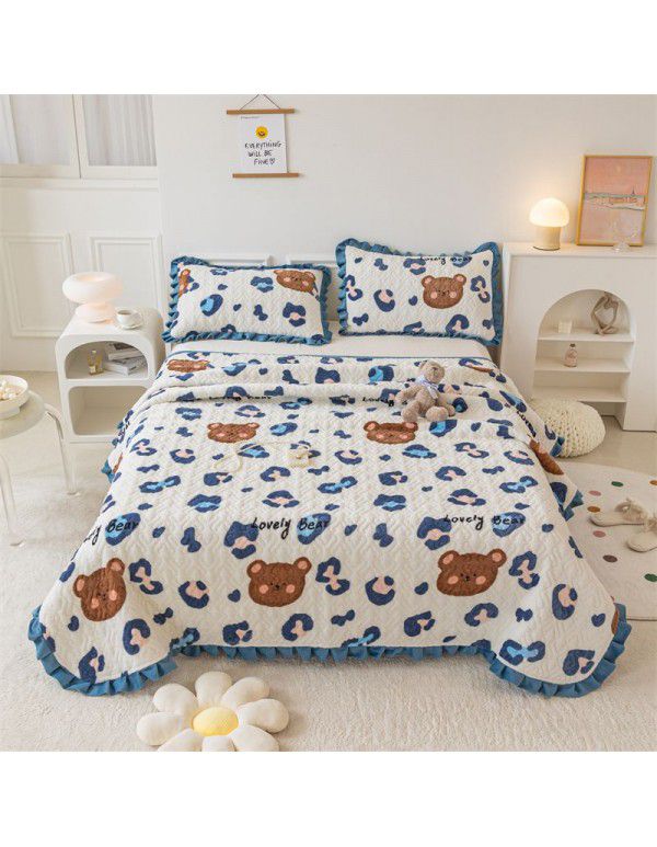 Autumn and winter thickened milk velvet bed cover three piece quilted cotton crystal velvet blanket lace warm blanket sub sheet