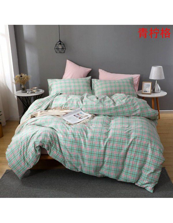 All cotton washed cotton four piece set simple cotton checked quilt cover bedspread sets supplied directly by the manufacturer for wholesale