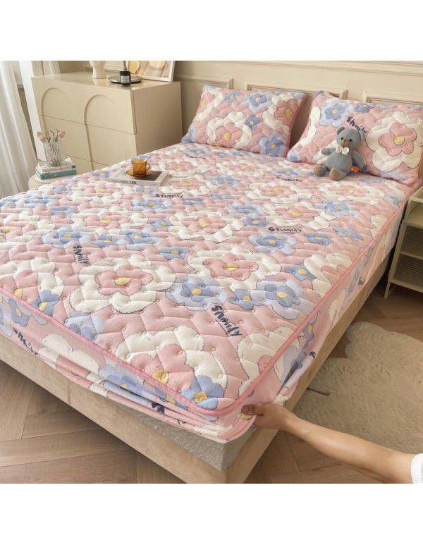Autumn and winter new class A milk velvet fitted sheet, soybean antibacterial cotton clip thickened bedspread, Farai velvet warm protective cover