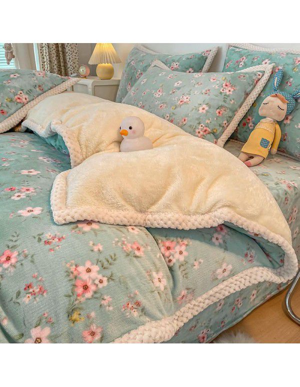 Ins Winter Milk Wool 4-Piece Rabbit Wool Quilt Cover Sheet Pastoral Warm Upset Double Sided Wool Bedding 4