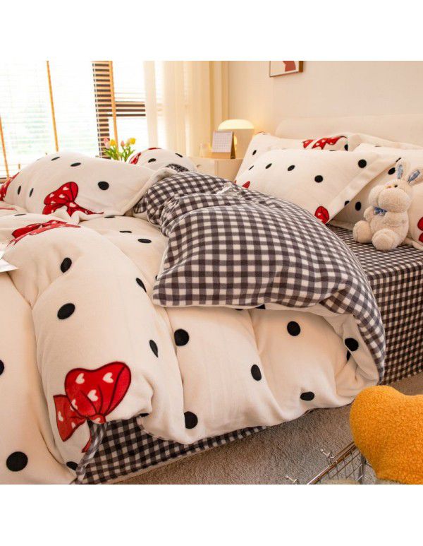 Winter four piece milk velvet thickened warm small fresh flannel quilt cover bedspread bedding live wholesale