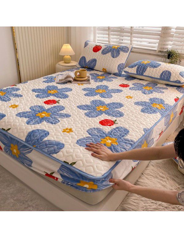 New Milk Down Fitted Sheet One Piece Winter Flange Coral Down Thickened Cotton Fitted Sheet Stuffed Anti slip Protection Mattress