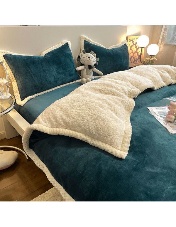Thickened Milk Cashmere Bed 4-Piece Lamb Cashmere Checker Quilt Cover Winter Coral Cashmere Bedding Piece 3-Piece Men's Sheet Set