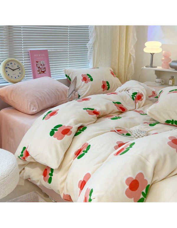 Ins fresh tulip milk velvet four piece set floral coral velvet bed sheet winter thickened quilt cover warm bed