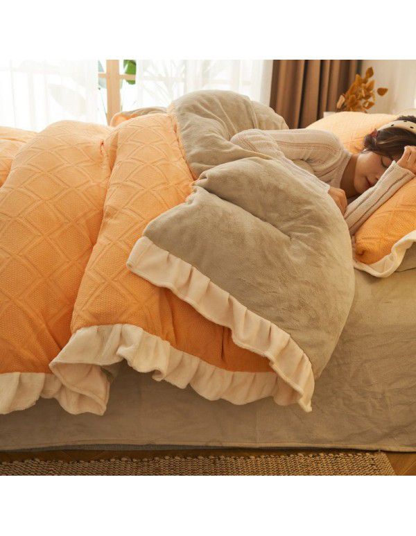 Nantong autumn and winter princess style thickened warm bed sheet quilt cover fitted sheet milk velvet three four piece bedding wholesale