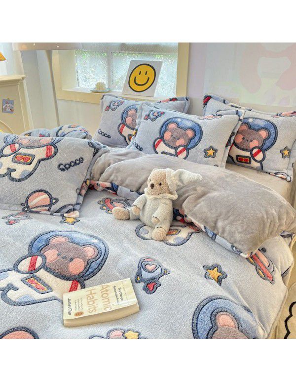 Milk velvet winter warm Farai velvet 4-piece set thickened coral velvet female bedding double-sided velvet quilt cover sheet
