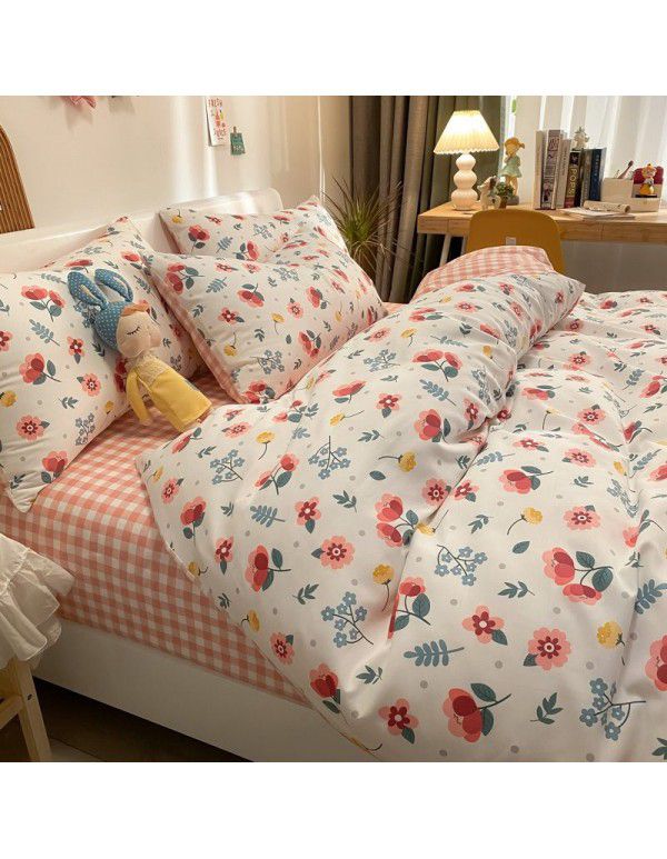 Autumn and Winter 60 Thread Count Countryside Small Fresh Cotton Long staple Cotton Print 4-Piece Flat Sheet Quilt Cover Pillow Case Washing Kit