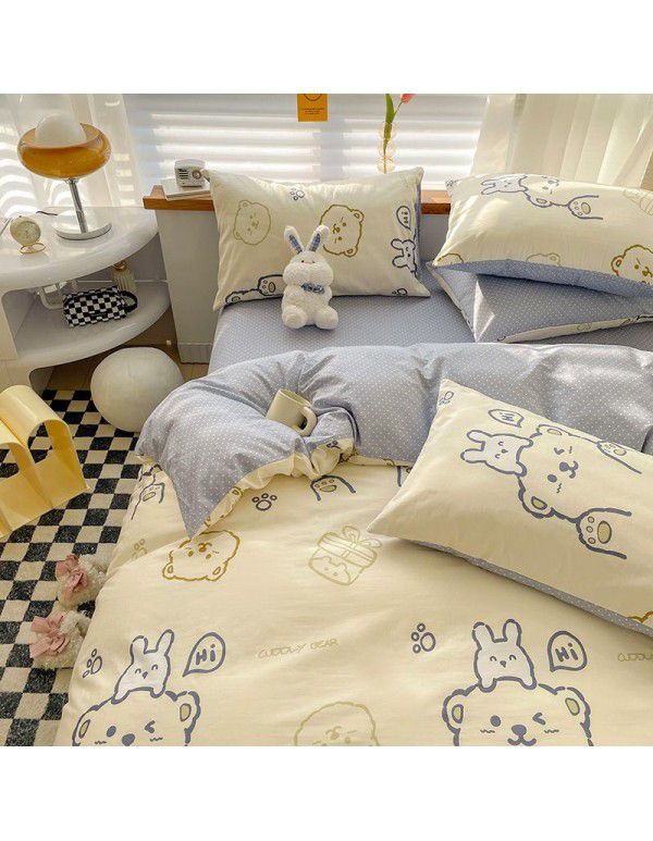 Ins style pure cotton bedding four piece set 100 cotton cartoon dormitory bed sheet three piece set children's fitted sheet quilt cover