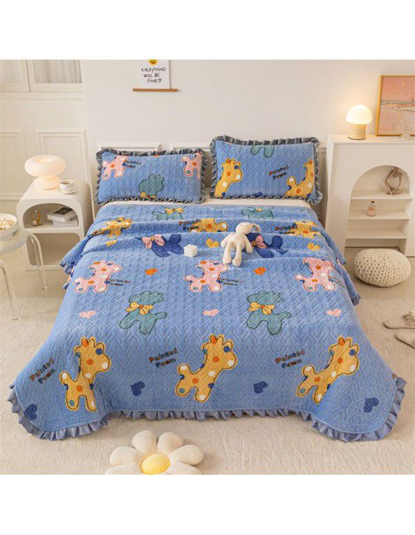 Live broadcast new milk pile bed cover three piece set, cotton mixed thick pile bed sheet, lace cover blanket, wholesale and distribution