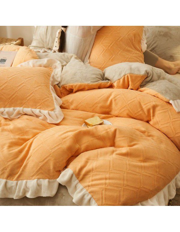 Nantong autumn and winter princess style thickened warm bed sheet quilt cover fitted sheet milk velvet three four piece bedding wholesale