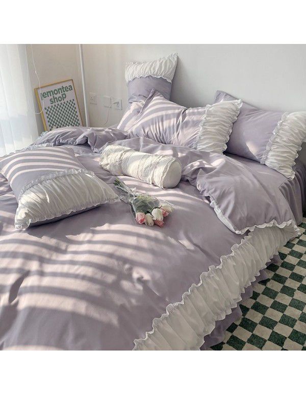 Korean/ins Tulip Bed Skirt 4pc Set Autumn and Winter French Lace Little Flowers Bedding Sheet Cover 3pc Set Wholesale