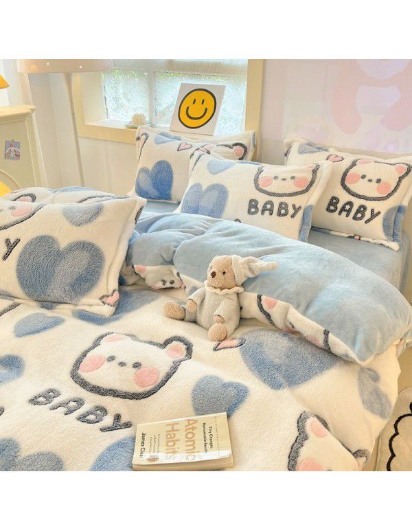 Milk velvet winter warm Farai velvet 4-piece set thickened coral velvet female bedding double-sided velvet quilt cover sheet