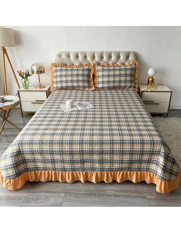  New combed yarn dyed washed cotton bed cover three piece high quilted embroidery flat board classic plaid