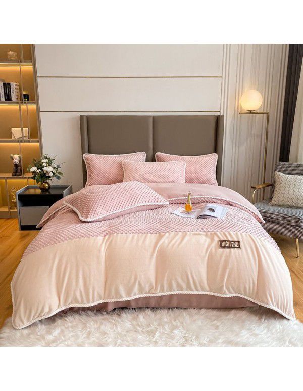 Luxurious minimalist beanstalk color contrast patch cloth embroidered milk velvet bed sheet four piece set baby velvet three piece set