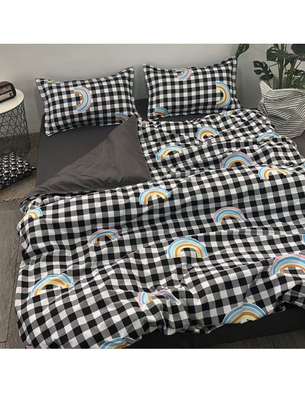 Nordic Style Simple Gentleman Men's Grey Duvet Cover Bedding Set of 4 Pieces Solid Color Sheet Grid Dormitory Set of 3 Pieces