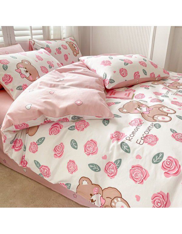 Small fresh cotton 4-piece set, pure cotton 3-piece set, bed sheet, net red dormitory bedding, 4-piece set, wholesale